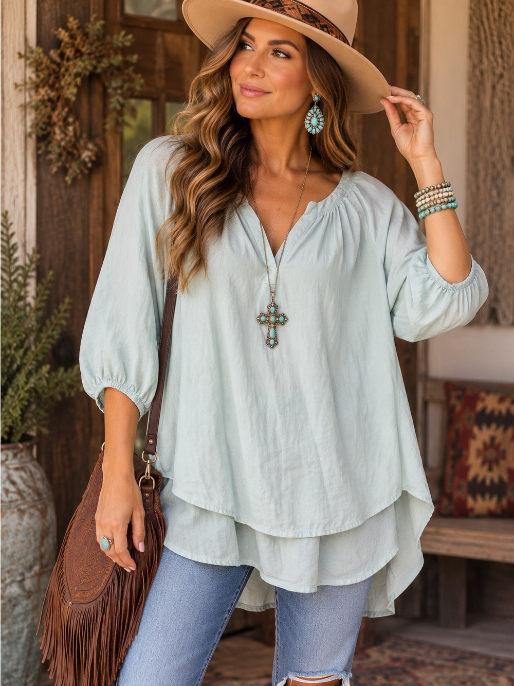 Max Studio 100% Silk Sage Green Peasant Blouse L Oversized Boho